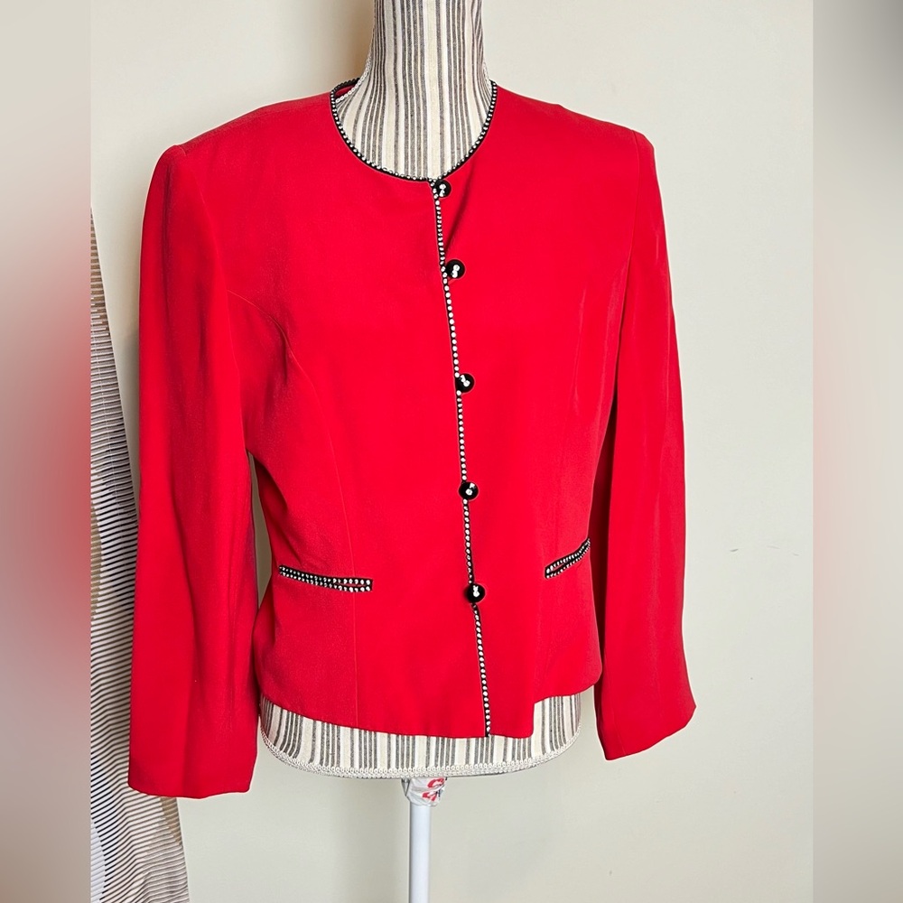 Misho. Vintage 100% Silk Red Button Up Sequin Blazer Jacket Womens 10